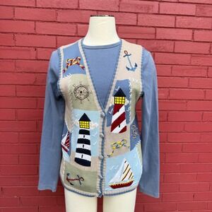 Nautical Knit Cardigan Vest Womens Medium Sleeveless Coastal Grandma Sailing